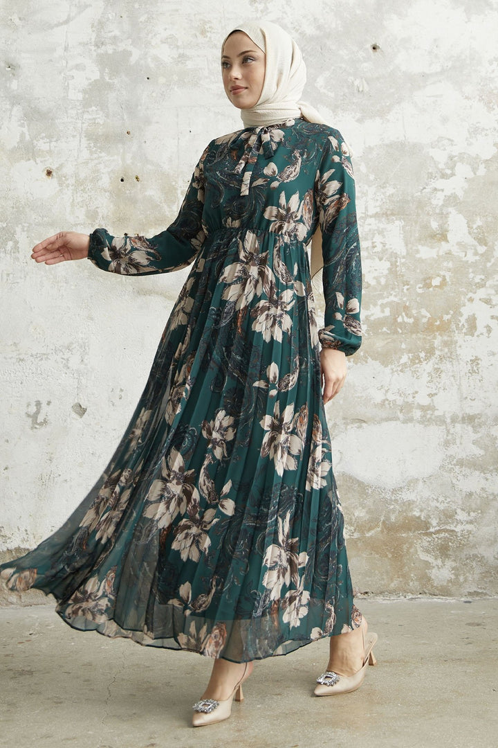 MDS Women Serena Flower Pattern Pleated Chiffon Dress - Green - Saint-Maur-des-Fossés