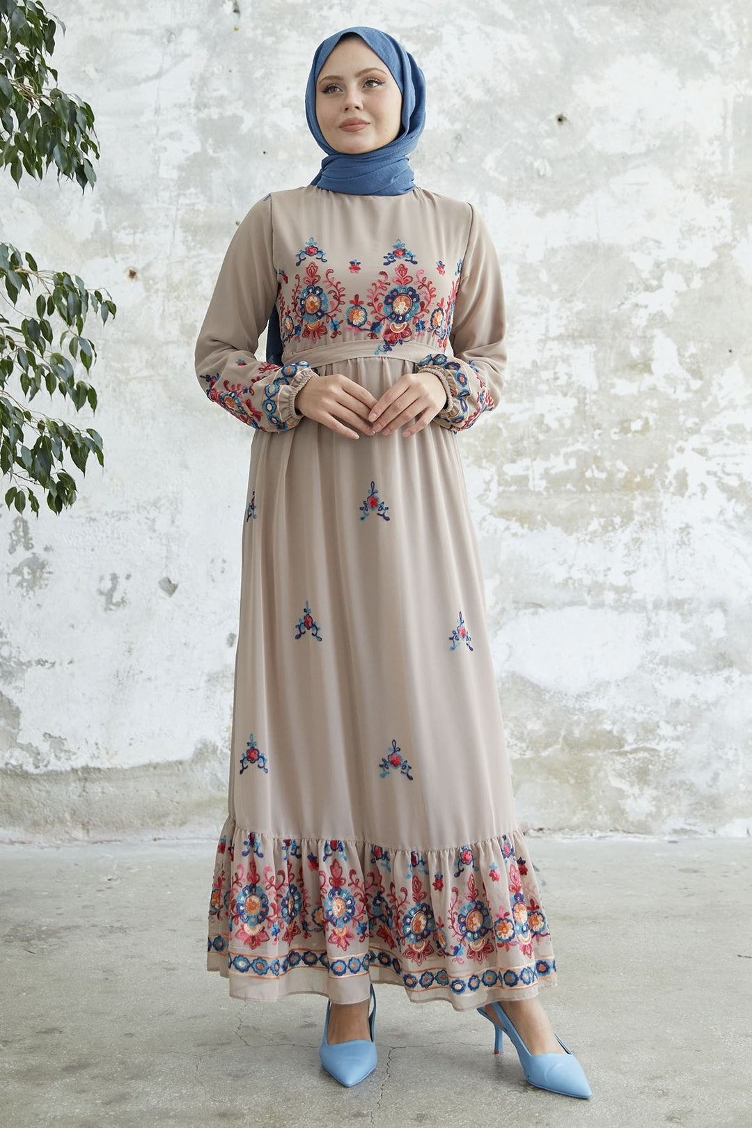 MDS Women Embroidered Skirt Frill Chiffon Dress - Beige - Porterville