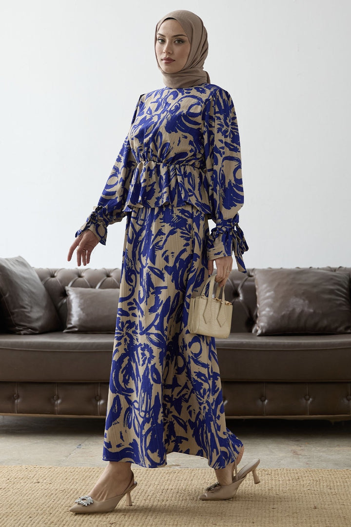 MDS Women Sleeve Tie Patterned Skirt Suit - Sky Blue - Lucca