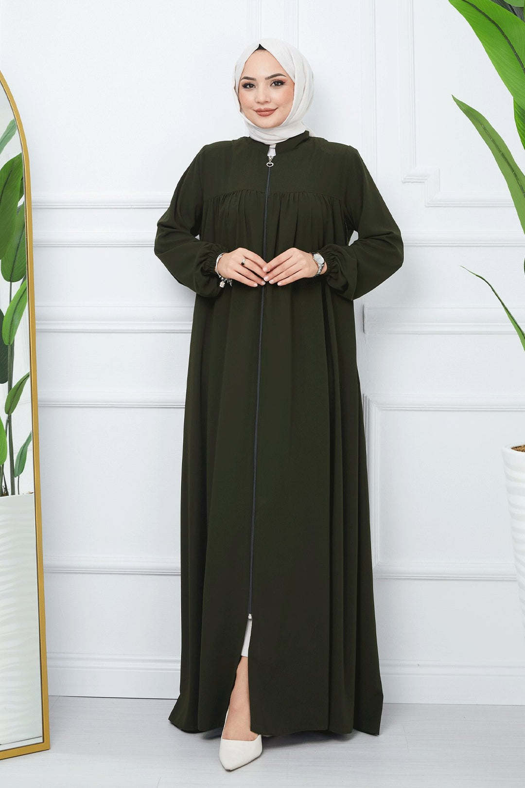 MDS Women Pleated Medina Silk Abaya - Khaki - Huelva