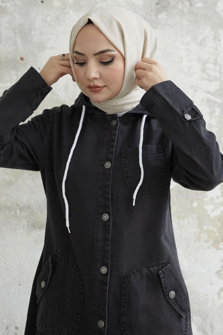 MDS Women Pocket Hooded Denim Abaya - Black - Bel Air South