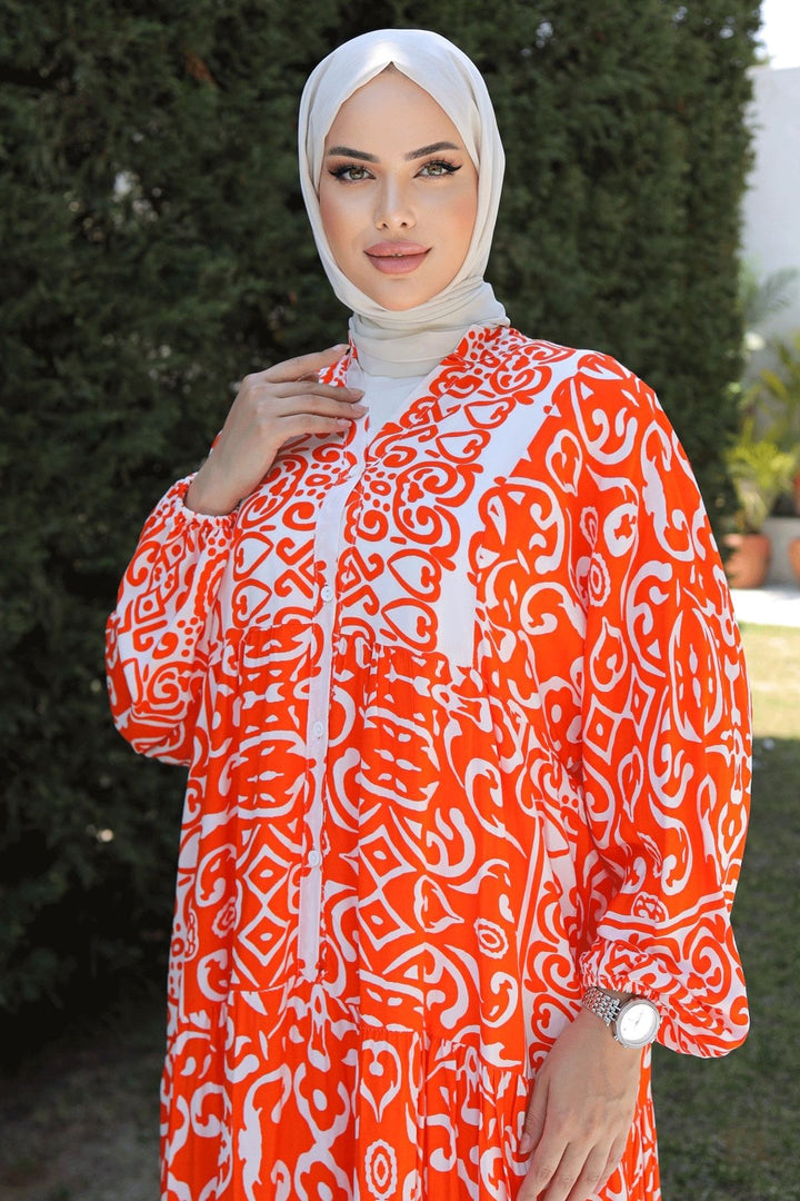 MDS Women Patterned Loose Ethnic Orange Viscose Dress - Fremont