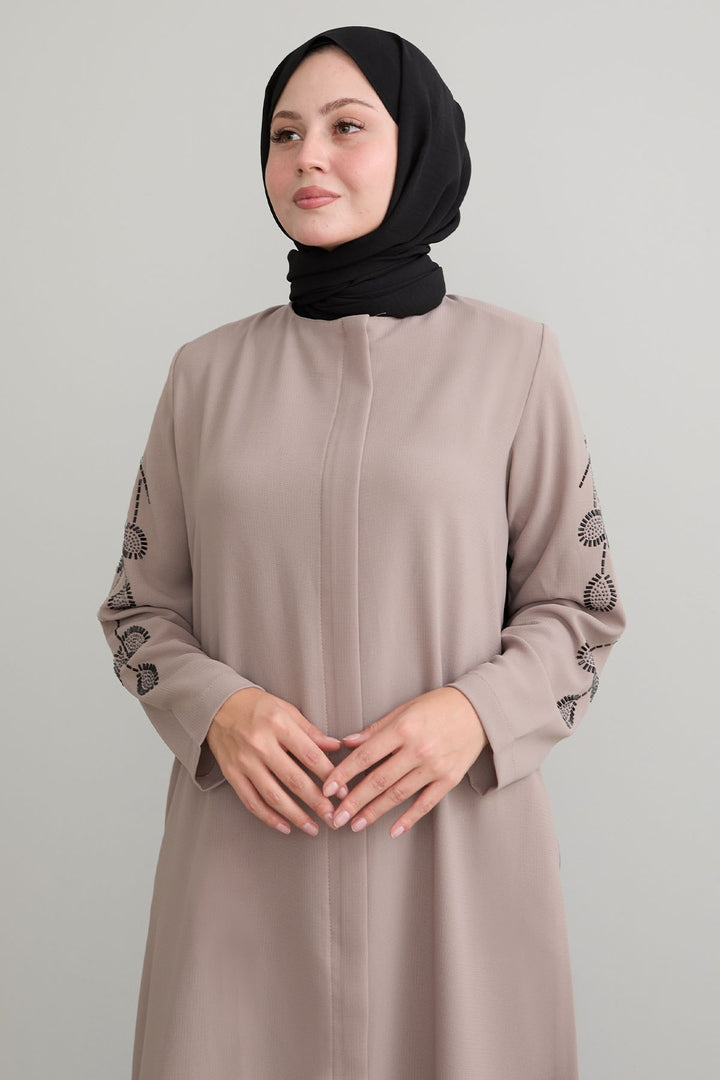 MDS Women Beige Coat with Leaf Patterned Sleeves - Gulfport
