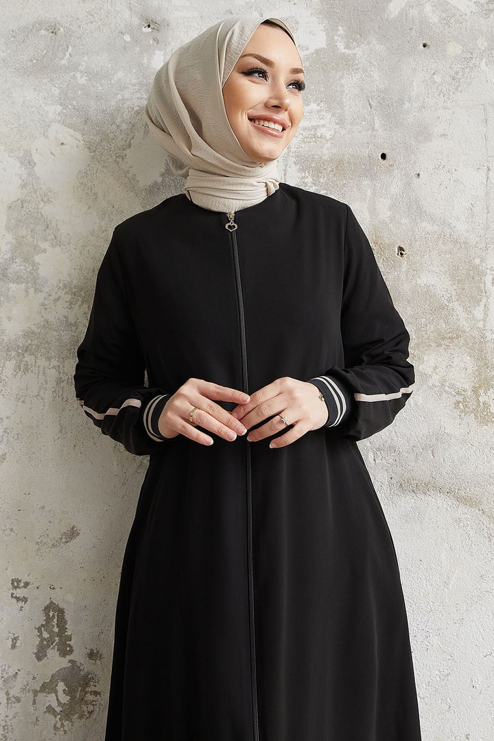 MDS Women Hazel Striped Patterned Abaya with Ribbons - Black - Loughborough