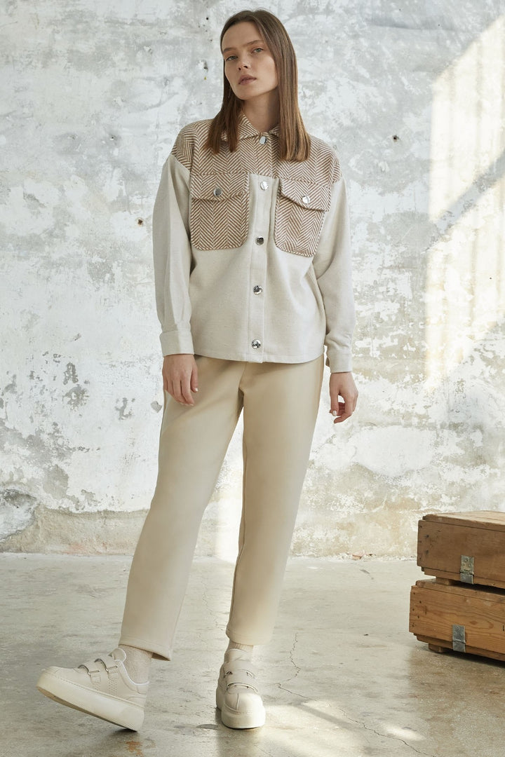 MDS Women Herringbone Patterned Pocketed Coat - Ecru - Chemnitz