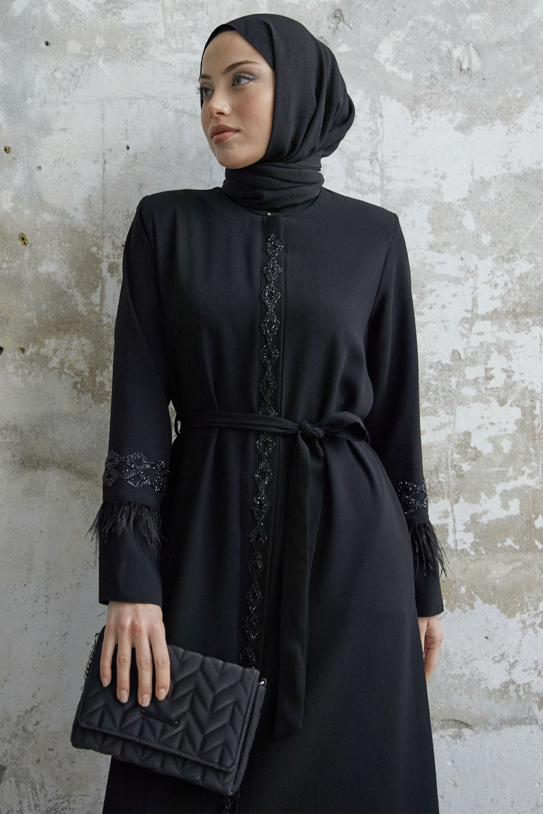 MDS Women Sleeve Tip Feather Detail Stoned Abaya - Black - Dewsbury
