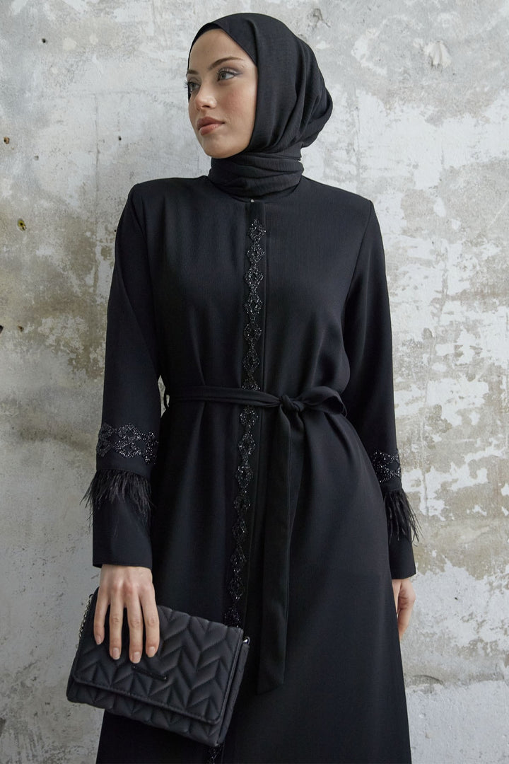 MDS Women Sleeve Tip Feather Detail Stoned Abaya - Black - Dewsbury
