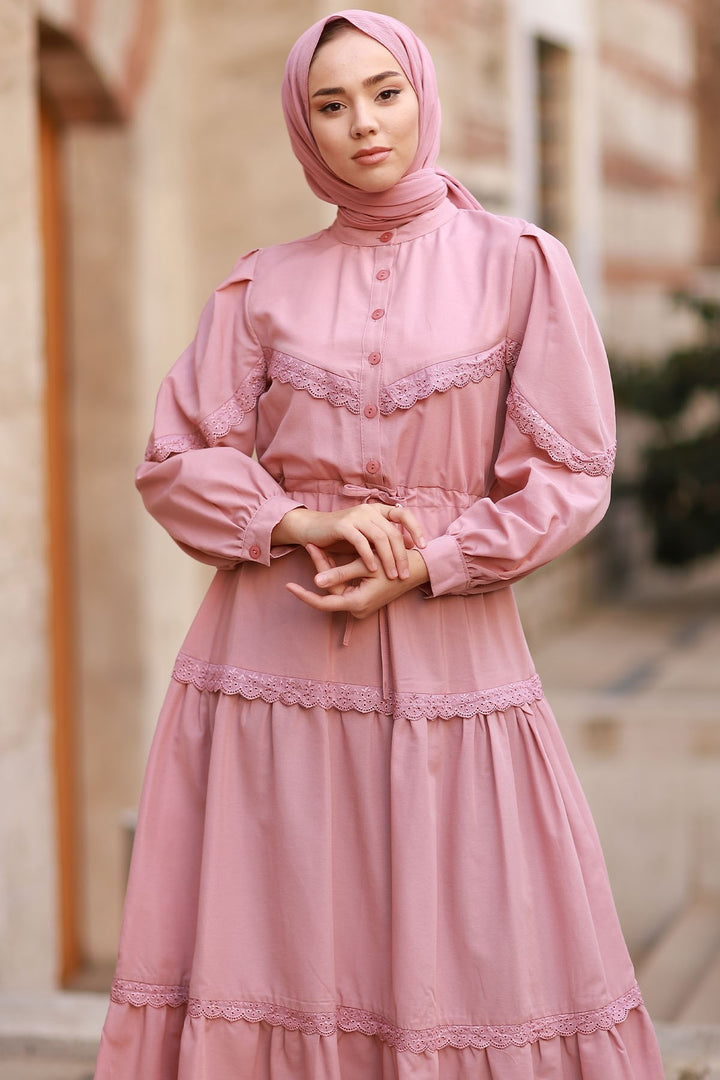 MDS Women Guipure Detail Balloon Sleeve Dress - Rose Pink - Sayreville