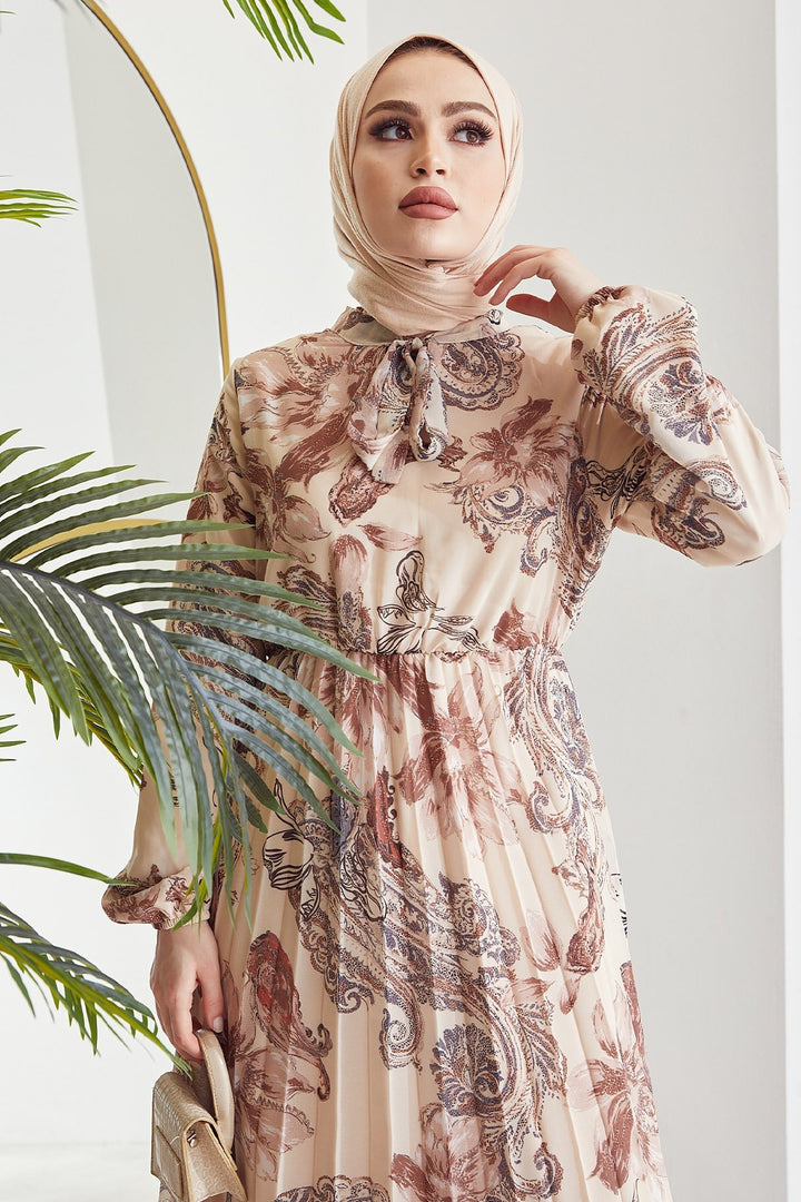 MDS Women Serena Flower Pattern Pleated Chiffon Dress - Beige - Jocotepec
