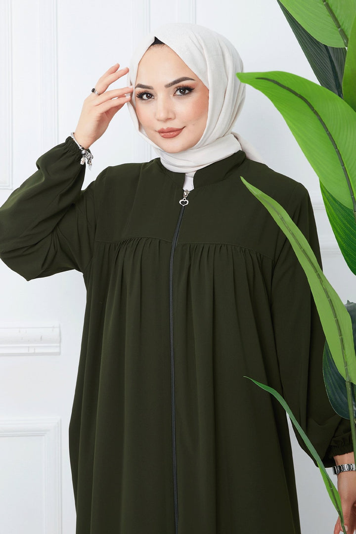 MDS Women Pleated Medina Silk Abaya - Khaki - Huelva