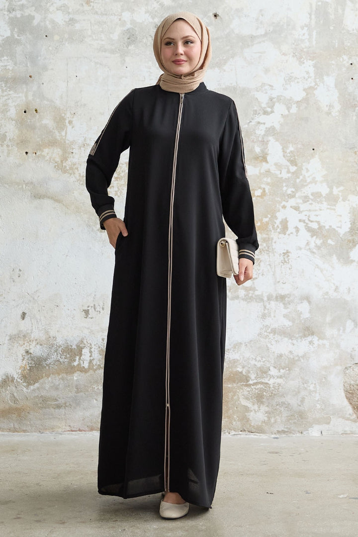 MDS Women Black Abaya with Half-Collar and Ribbed Sleeve - Flagstaff