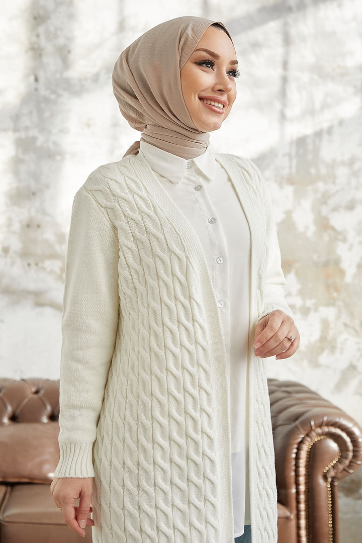 MDS Women Jolie Knitted Patterned Long Cardigan - White - Burgos