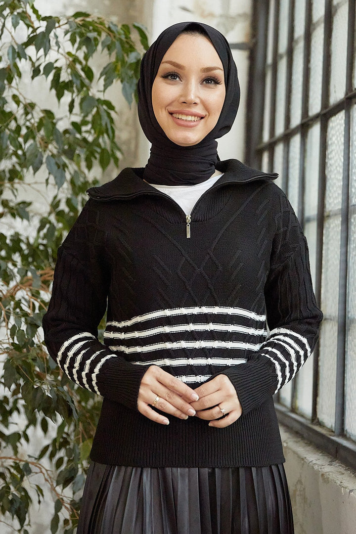 MDS Women Sova Neck Zippered Striped Knit Sweater - Black - Sherbrooke