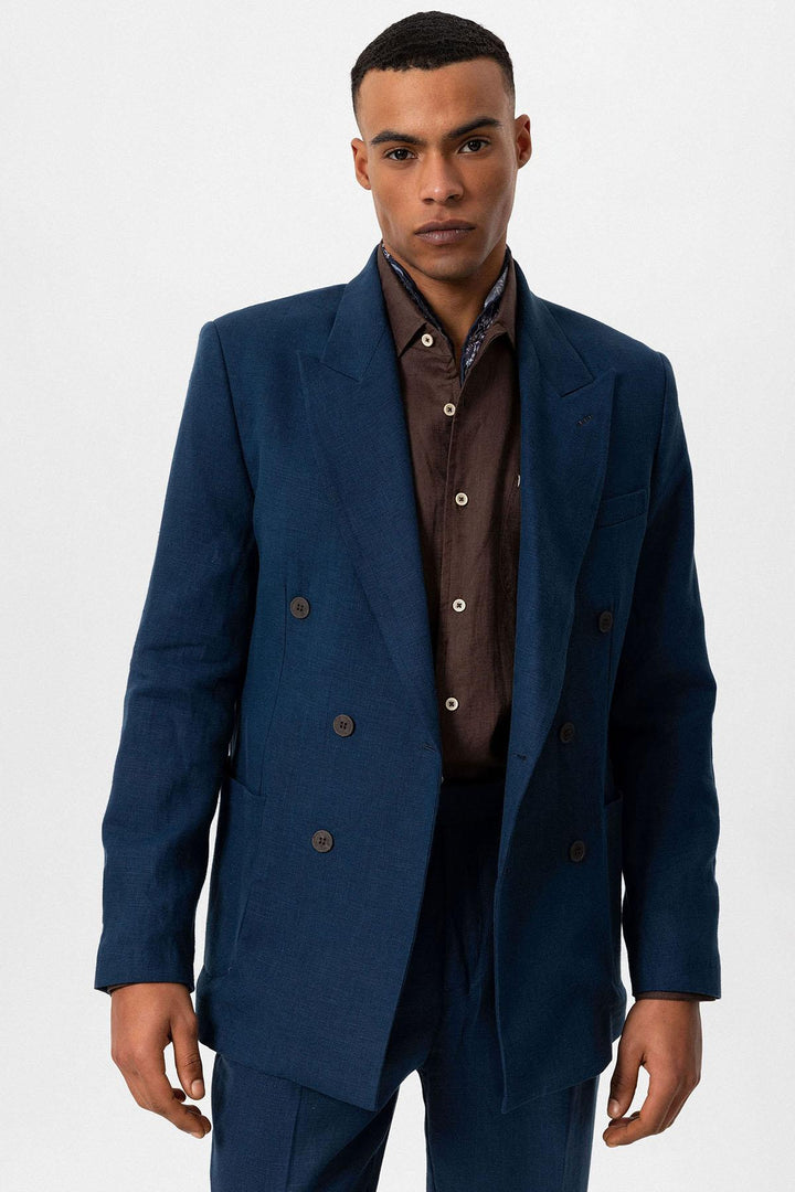 ANT Antioch Indigo 100% Linen Double Breasted Men's Blazer Jacket - Segovia