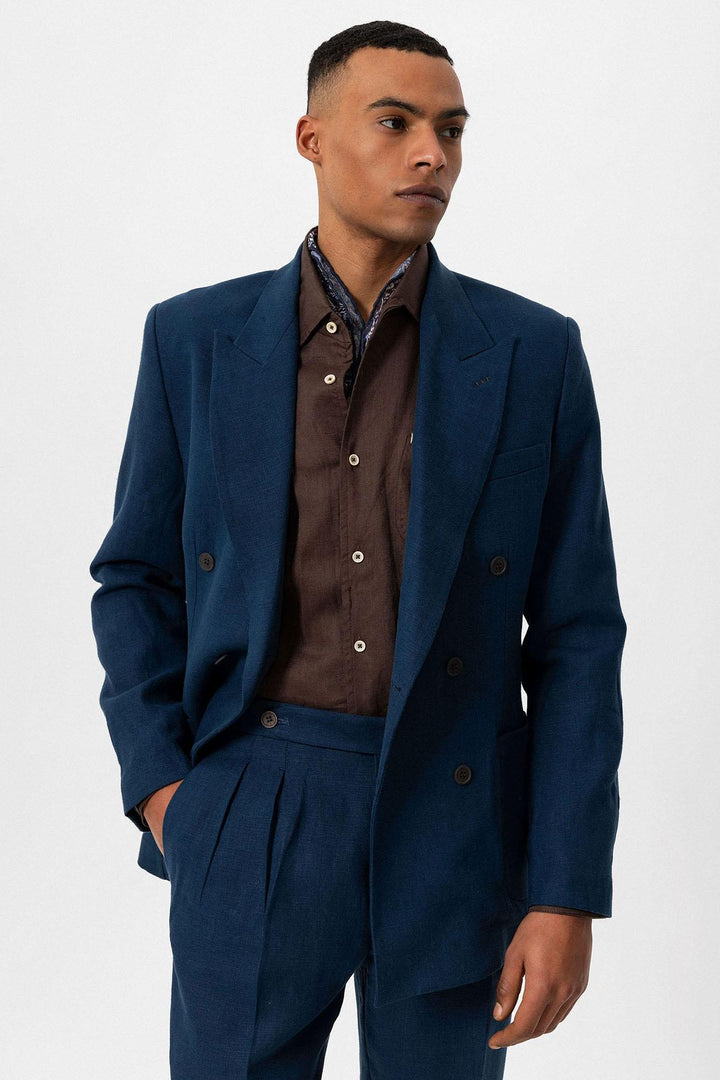 ANT Antioch Indigo 100% Linen Double Breasted Men's Blazer Jacket - Segovia