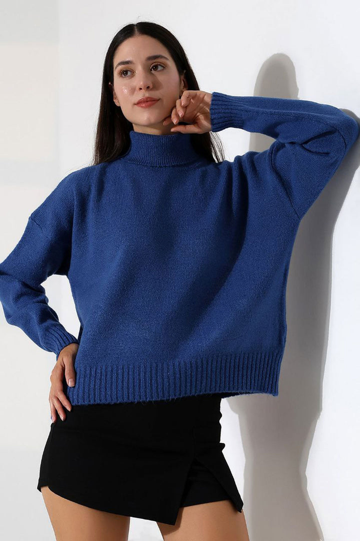 Indigo Turtleneck Soft Textured Knit Sweater BCES-252023 - Durham