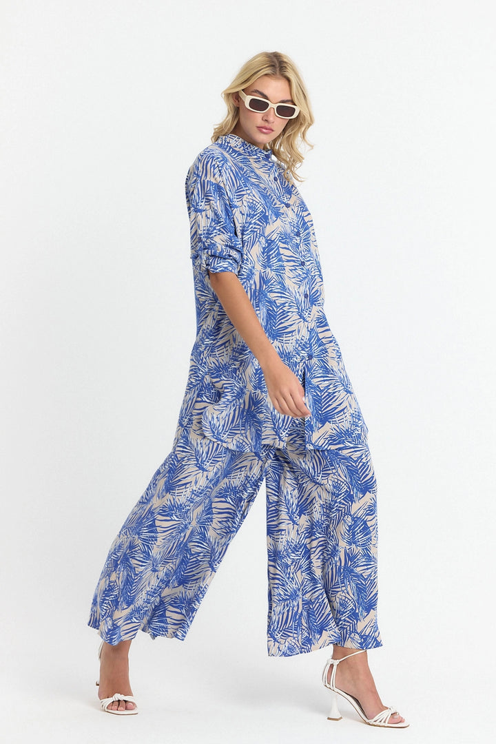Indigo Flower Patterned Long Tunic and Pants Woven Viscon Top Set BCVL-25V053-2 - Perth