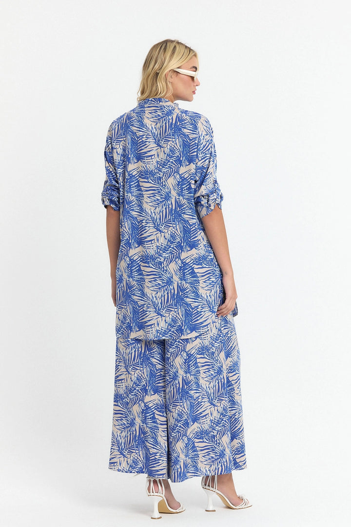 Indigo Flower Patterned Long Tunic and Pants Woven Viscon Top Set BCVL-25V053-2 - Perth