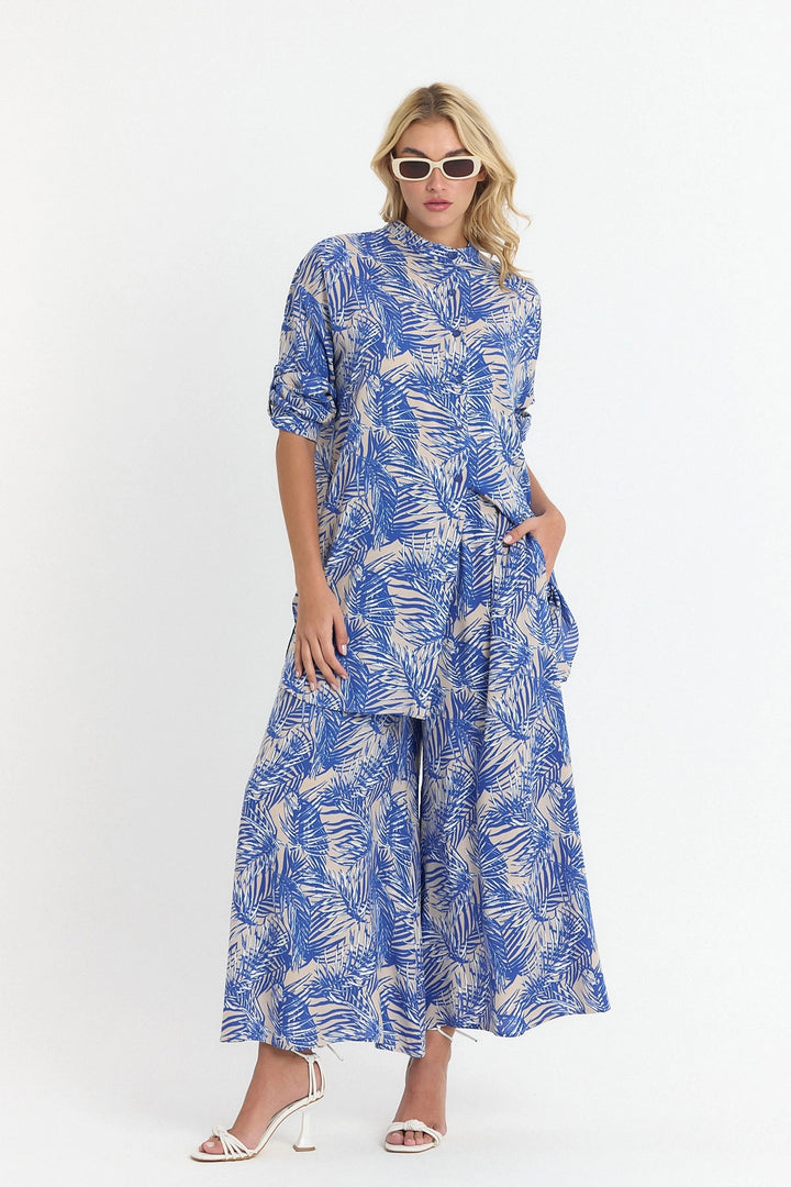 Indigo Flower Patterned Long Tunic and Pants Woven Viscon Top Set BCVL-25V053-2 - Perth
