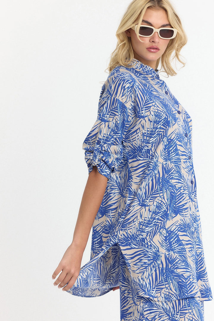 Indigo Flower Patterned Long Tunic and Pants Woven Viscon Top Set BCVL-25V053-2 - Perth