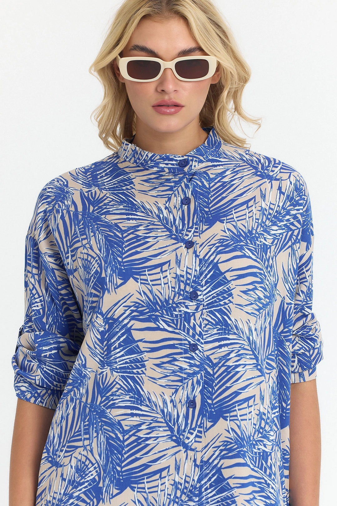Indigo Flower Patterned Long Tunic and Pants Woven Viscon Top Set BCVL-25V053-2 - Perth