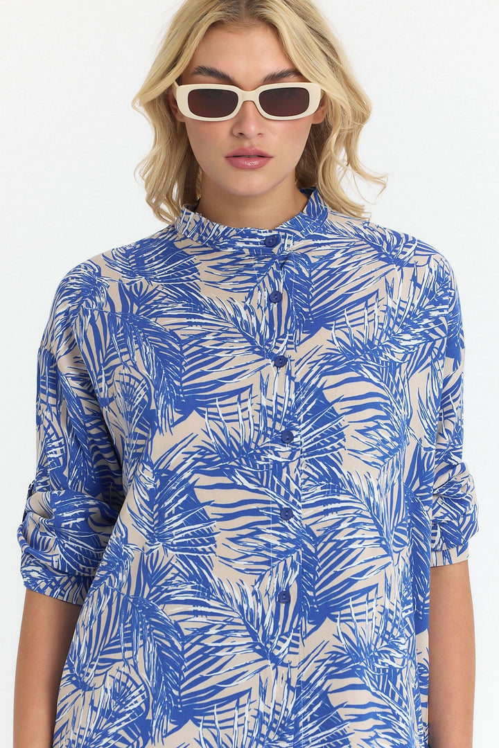 Indigo Flower Patterned Long Tunic and Pants Woven Viscon Top Set BCVL-25V053-2 - Perth