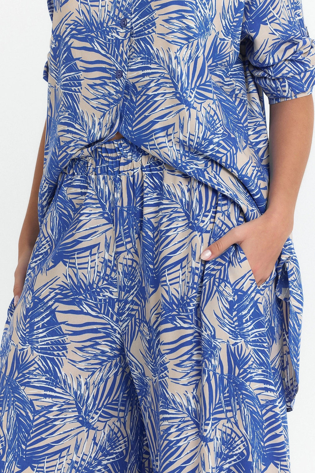 Indigo Flower Patterned Long Tunic and Pants Woven Viscon Top Set BCVL-25V053-2 - Perth
