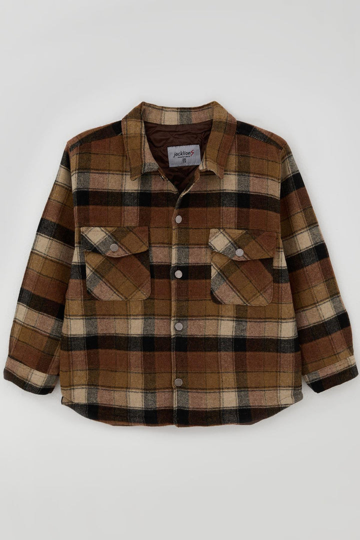 BRE Jack Lions Boys' Jacket with Plaid Pattern, Buttoned Pockets, 5-9 Years, Brown - Raleigh