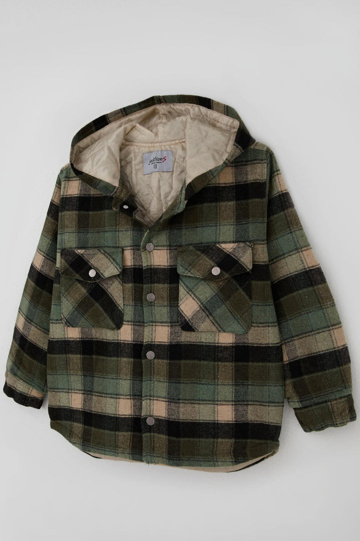BRE Jack Lions Boys' Jacket with Checkered Pattern Hooded Buttoned 5-9 Years, Green - Cologno Monzese