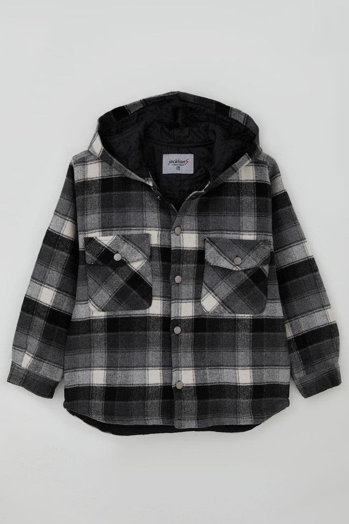 BRE Jack Lions Boys' Jacket Plaid Patterned Hooded Buttoned Pocketed 5-9 Years, Grey - Vicenza