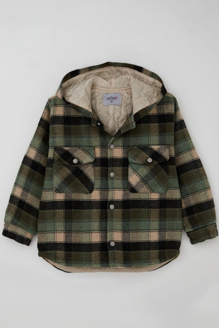 BRE Jack Lions Boys' Jacket with Checkered Pattern Hooded Buttoned 5-9 Years, Green - Cologno Monzese