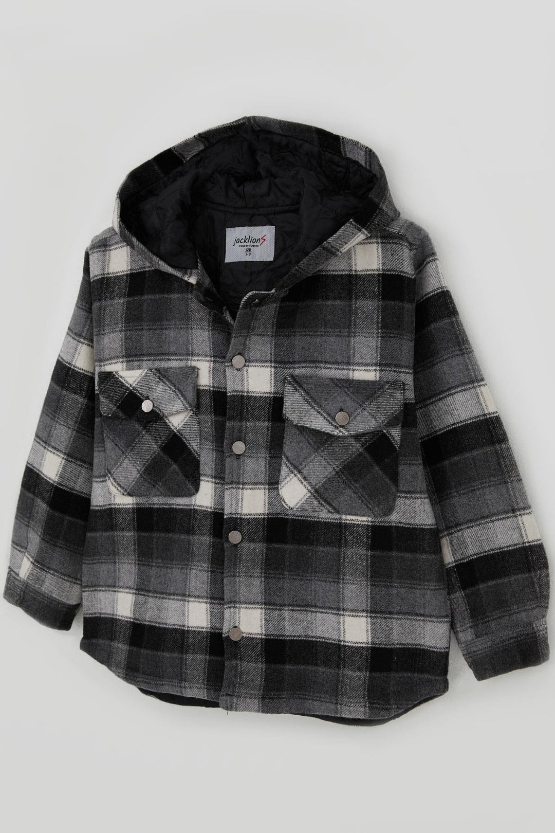 BRE Jack Lions Boys' Jacket Plaid Patterned Hooded Buttoned Pocketed 5-9 Years, Grey - Vicenza