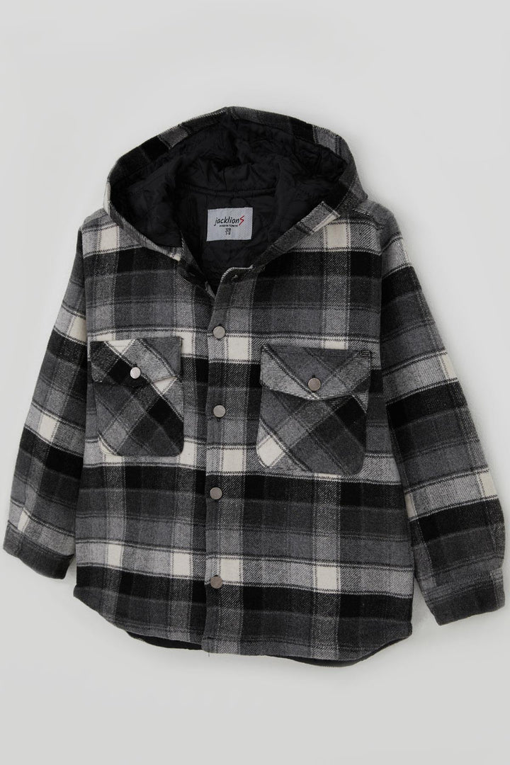 BRE Jack Lions Boys' Jacket Plaid Patterned Hooded Buttoned Pocketed 5-9 Years, Grey - Vicenza
