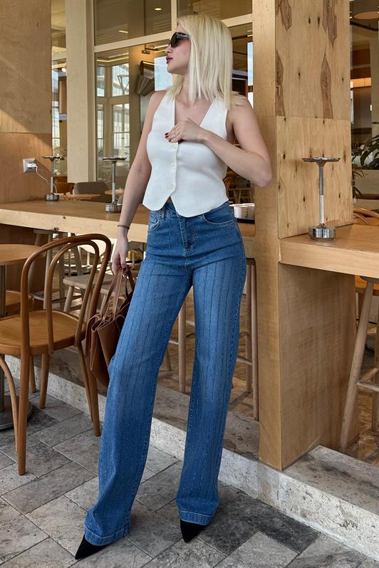 MDX Madmext Blue High Waist Stone-Embellished Women's Jeans MG2271 - Saint-Denis
