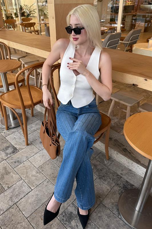MDX Madmext Blue High Waist Stone-Embellished Women's Jeans MG2271 - Saint-Denis