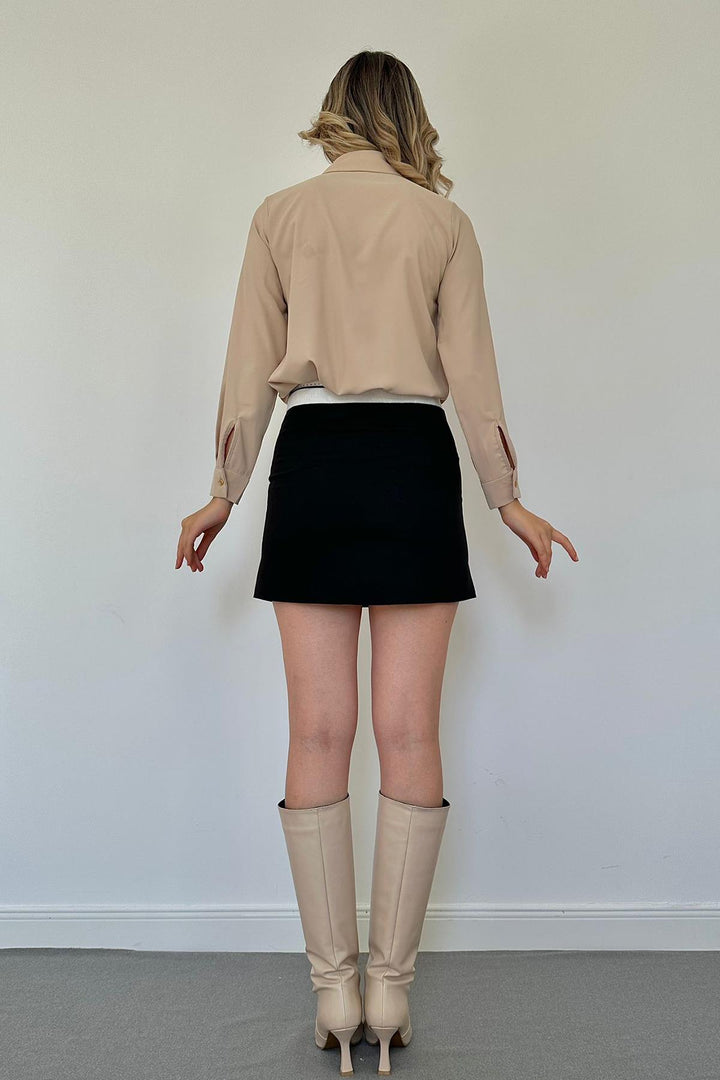 ELS Jesica Volanlı Stone Button Detailed Shirt - Beige - Santo Tirso