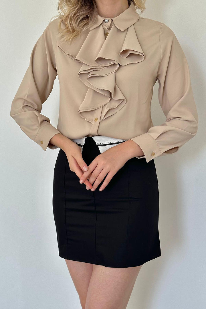 ELS Jesica Volanlı Stone Button Detailed Shirt - Beige - Santo Tirso