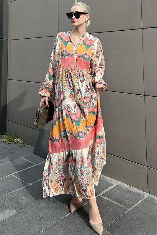 MDX Pink Elastic Waist Half Buttoned Mandarin Collar Floral Dress MG2028 - Heemskerk