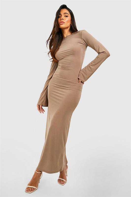 MDX Beige Boat Neck Back Detail Maxi Long Dress MG1993 - Crosby