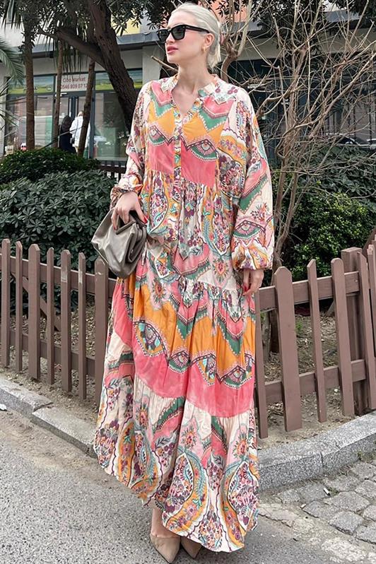 MDX Pink Elastic Waist Half Buttoned Mandarin Collar Floral Dress MG2028 - Heemskerk