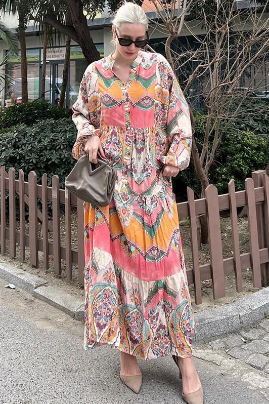 MDX Pink Elastic Waist Half Buttoned Mandarin Collar Floral Dress MG2028 - Heemskerk