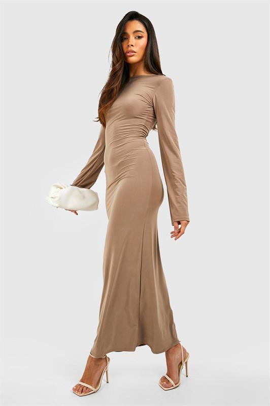 MDX Beige Boat Neck Back Detail Maxi Long Dress MG1993 - Crosby