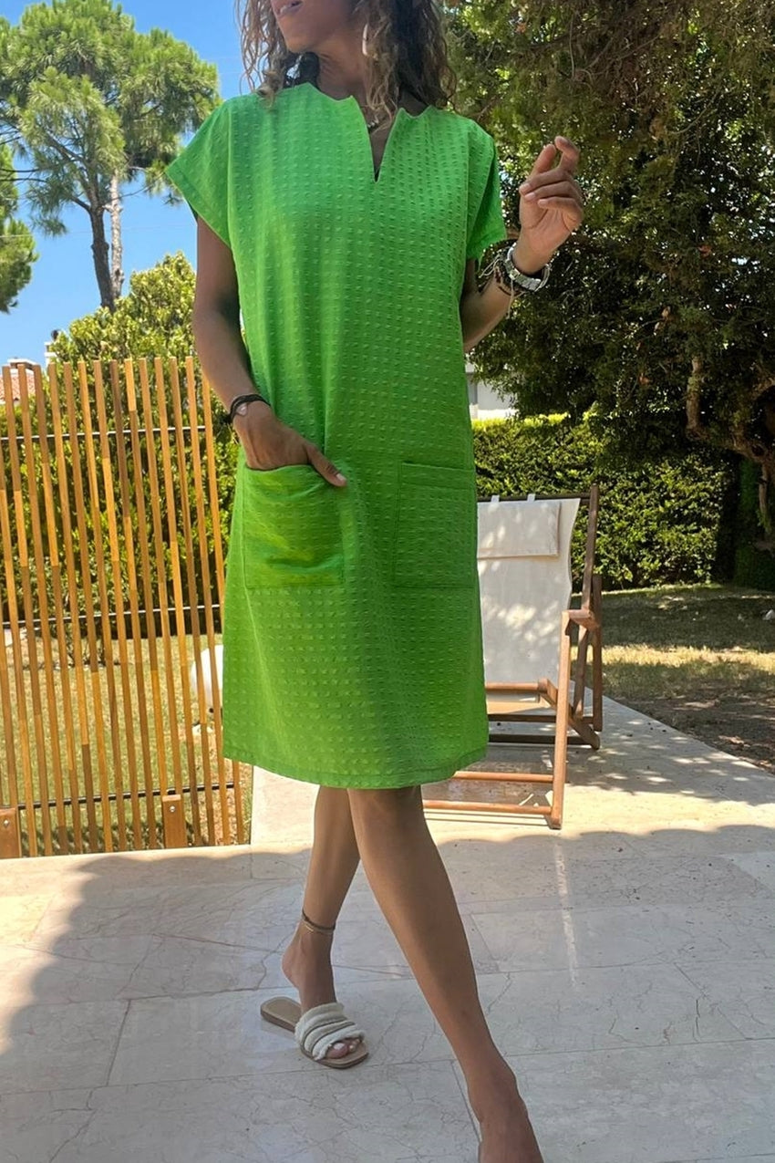 GNS Women's Open Green Collar Slit Pocketed Self-Soft Textured Loose Dress BST3655 - Juárez
