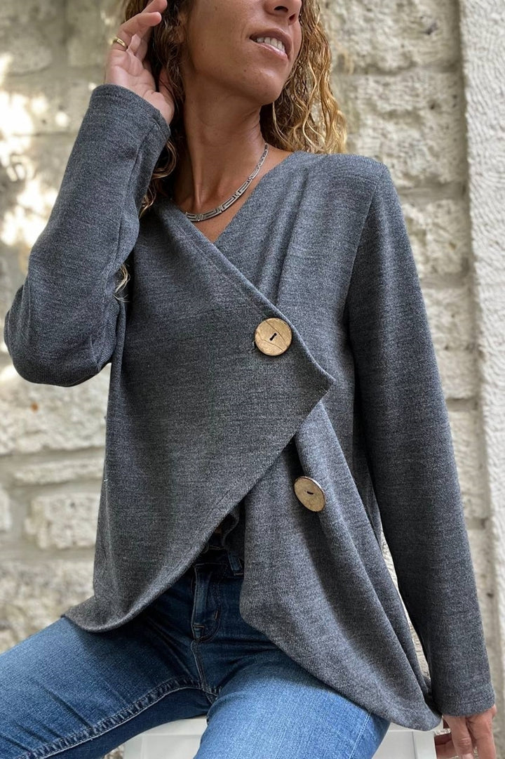 GNS Woman Anthracite Shawl Collar Asymmetric Cut Buttoned Loose Cardigan Bst3328 - Empalme
