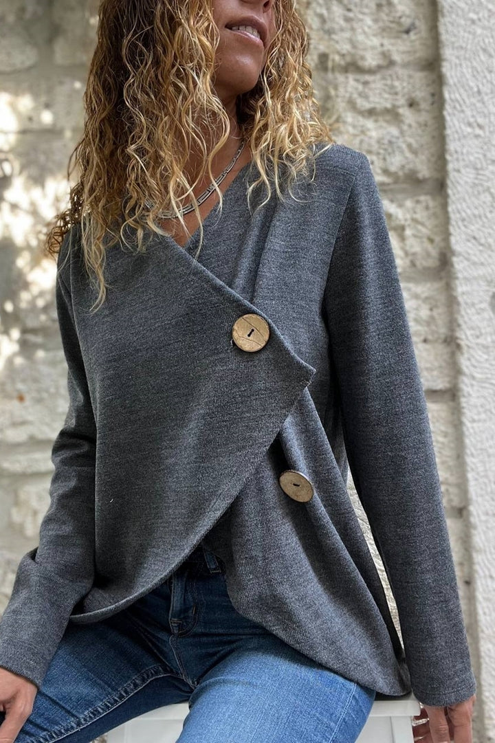GNS Woman Anthracite Shawl Collar Asymmetric Cut Buttoned Loose Cardigan Bst3328 - Empalme