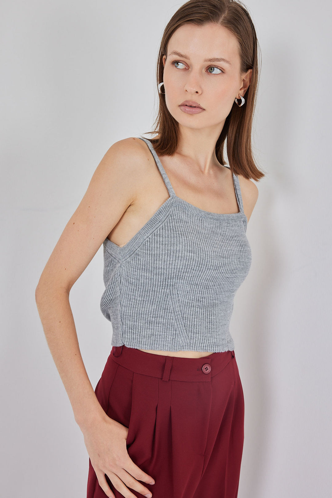 BGD Women Kadın Askılı Crop Top Bluz 15934 - Gri - Swords