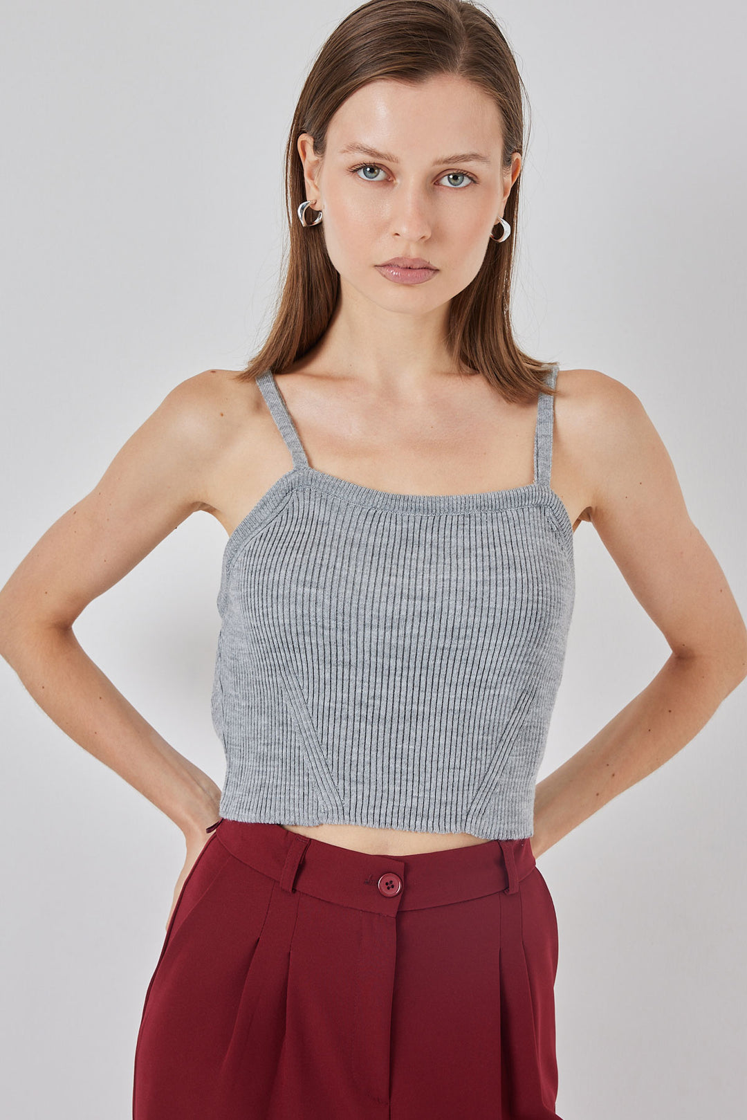 BGD Women Kadın Askılı Crop Top Bluz 15934 - Gri - Swords