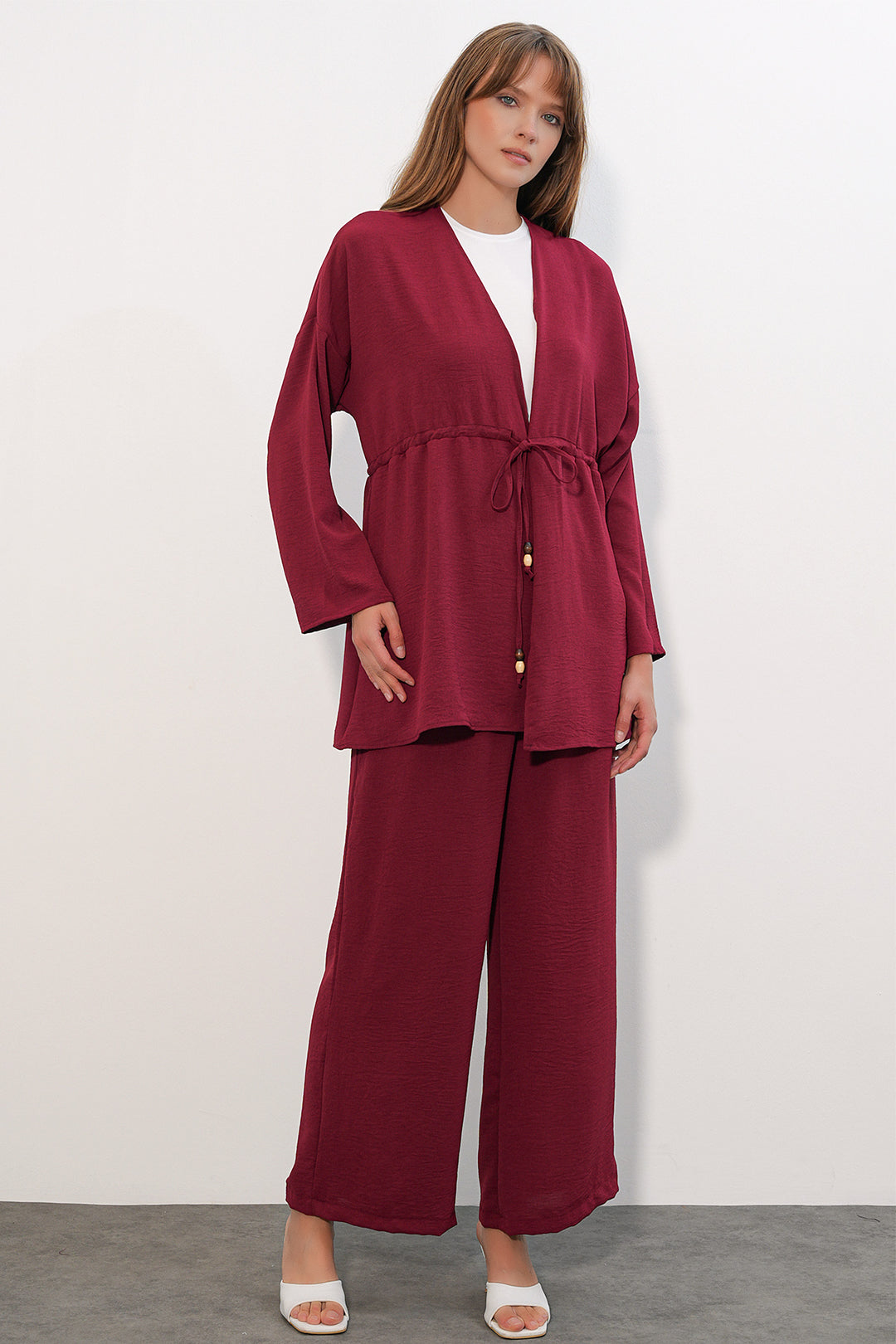 BGD Women Kadın Ayrobin Kimono Pantolon İkili Takım 30101 - Bordo - Kateríni