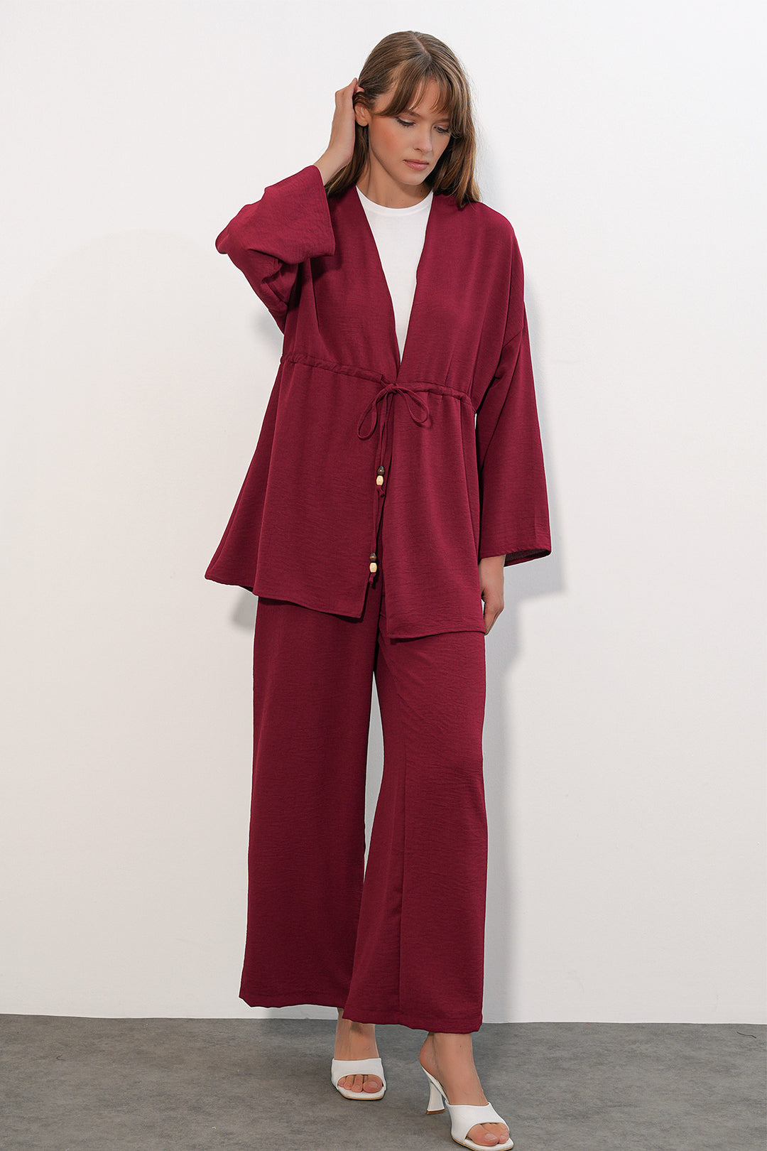 BGD Women Kadın Ayrobin Kimono Pantolon İkili Takım 30101 - Bordo - Kateríni