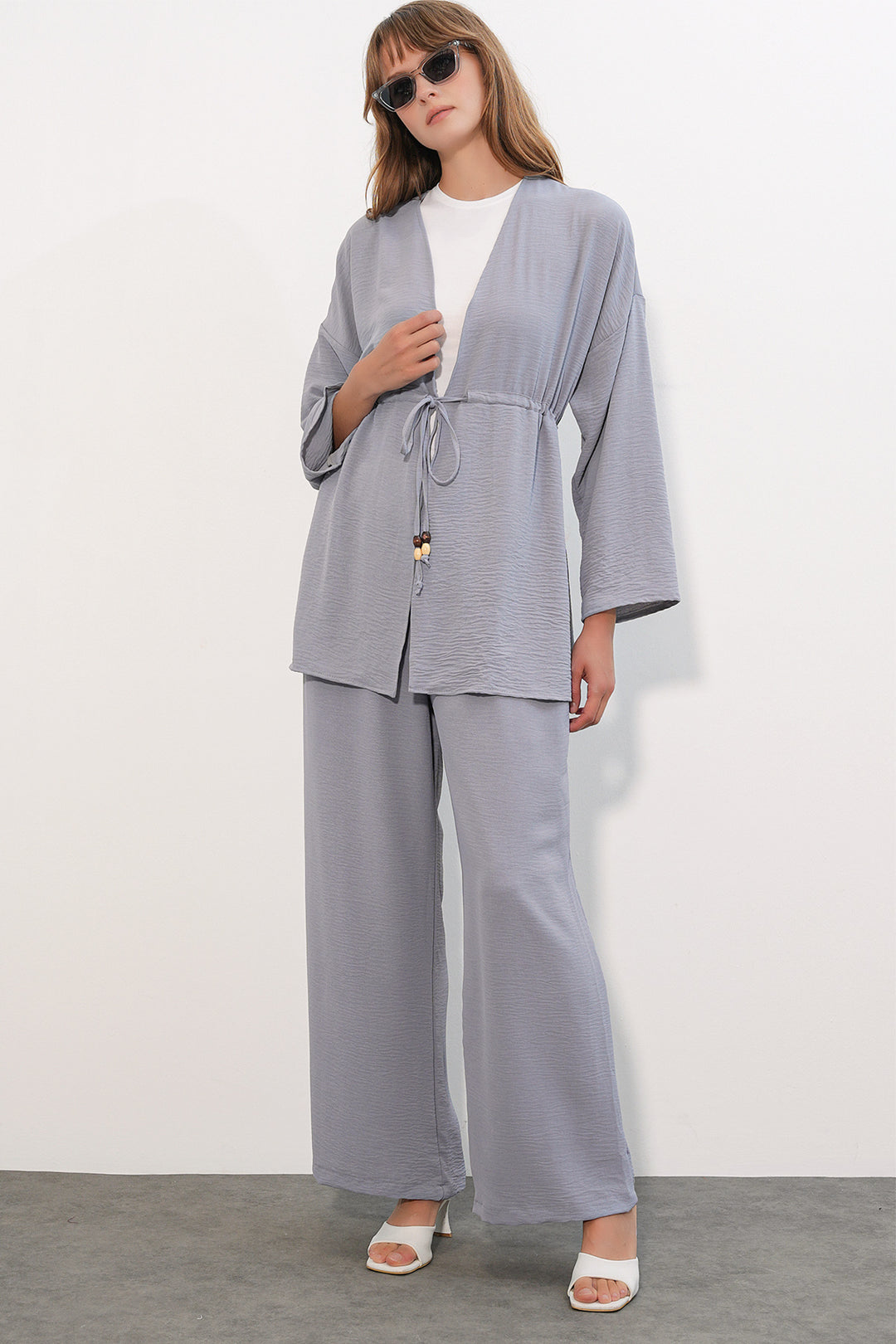 BGD Women Kadın Ayrobin Kimono Pantolon İkili Takım 30101 - Gri - Sevilla